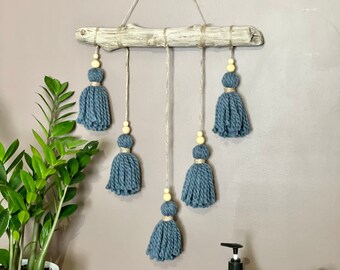 Rustic Boho Blue Tassel Driftwood Wall Hanging, Coastal decor