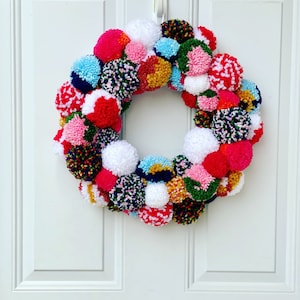 Retro Cozy Wreath | Pom Pom Wreath | Colorful Mid Century Wreath | Boho Wreath | Holiday Wreath Decor | Front Door Wreath