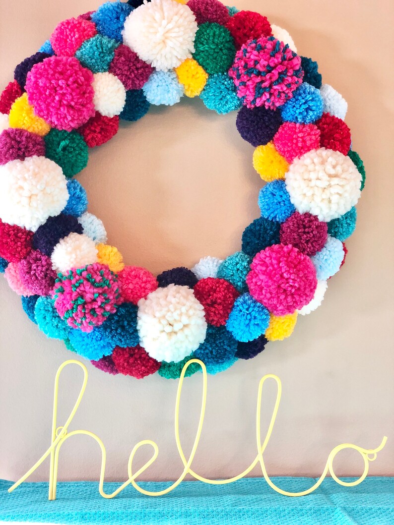 Everyday Bright Colorful Wreath Christmas Front Door Wreath Year round Wreath Pom Pom Wreath Handmade Wreath Merry and Bright Wreath image 8