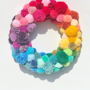 Colorful Rainbow Wreath | Pom Pom Wreath | Cozy Handmade Rainbow Wreath | Welcome Wreath | Spring Front Door Wreath | Year-Round Wreath