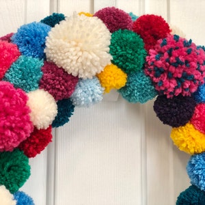 Everyday Bright Colorful Wreath Christmas Front Door Wreath Year round Wreath Pom Pom Wreath Handmade Wreath Merry and Bright Wreath image 5