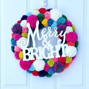 Everyday Bright Colorful Wreath Christmas Front Door Wreath Year round Wreath Pom Pom Wreath Handmade Wreath Merry and Bright Wreath Bild 7