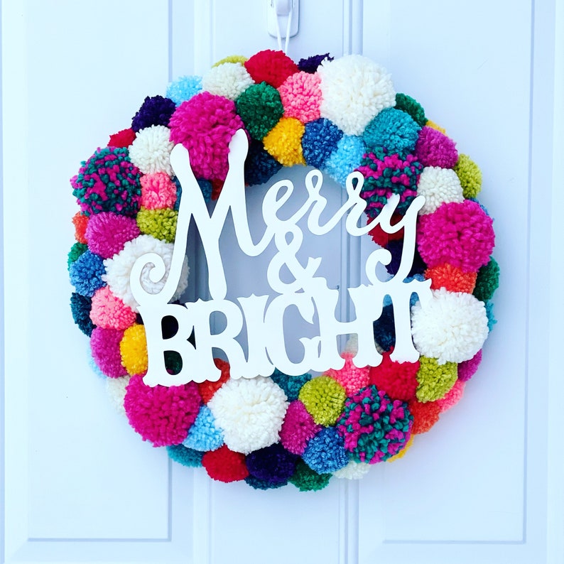 Everyday Bright Colorful Wreath Christmas Front Door Wreath Year round Wreath Pom Pom Wreath Handmade Wreath Merry and Bright Wreath Bild 7