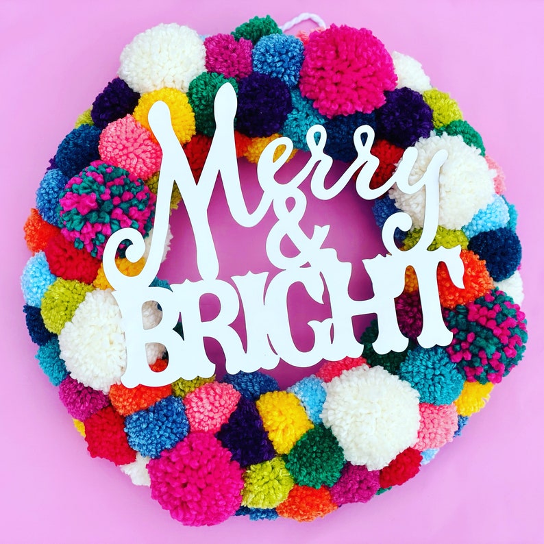 Everyday Bright Colorful Wreath Christmas Front Door Wreath Year round Wreath Pom Pom Wreath Handmade Wreath Merry and Bright Wreath 16” Merry & Bright