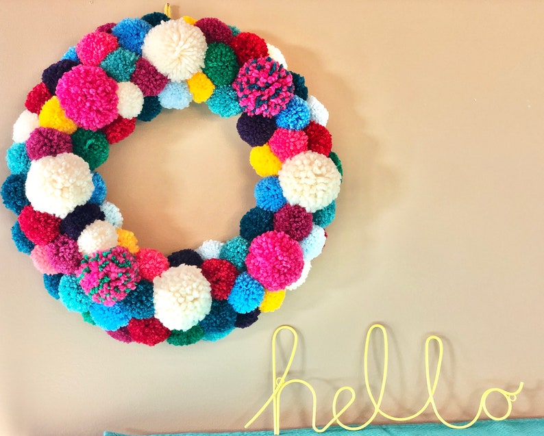 Everyday Bright Colorful Wreath Christmas Front Door Wreath Year round Wreath Pom Pom Wreath Handmade Wreath Merry and Bright Wreath image 4