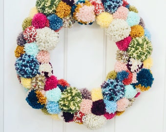 Boho Fall Winter Wreath | Spring Pom Pom Wreath | Welcome Wreath | Colorful Wreath | Front Door Decor | Cozy Home Decor | Year-Round Wreath
