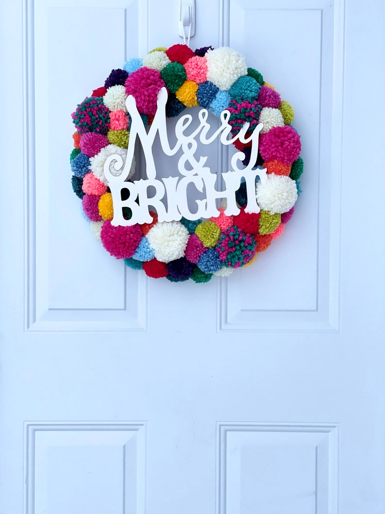 Everyday Bright Colorful Wreath Christmas Front Door Wreath Year round Wreath Pom Pom Wreath Handmade Wreath Merry and Bright Wreath image 9