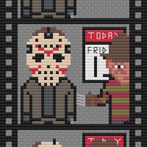 Freddie vs. Jason: Fight for the Photo Booth Cross Stitch Pattern - Killer, Slasher, Halloween, Funny, Friday 13th, Nightmare on Elm Street
