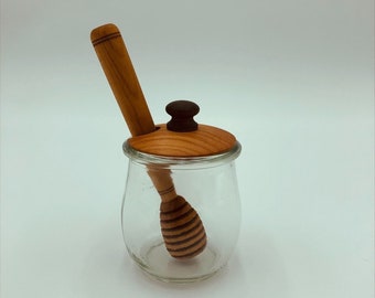 Handmade Honey Dipper with Honey Pot - Cherry Honey dipper with Cherry Lid and Walnut knob - Honey jar with dipper