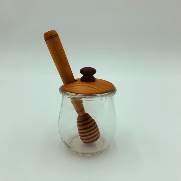 Handmade Honey Dipper with Honey Pot - Cherry Honey dipper with Cherry Lid and Walnut knob - Honey jar with dipper