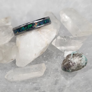 Tungsten Carbide memorial ring with peacock opal and ashes