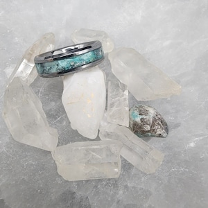 Tungsten Carbide memorial ring with turquoise powder and ashes