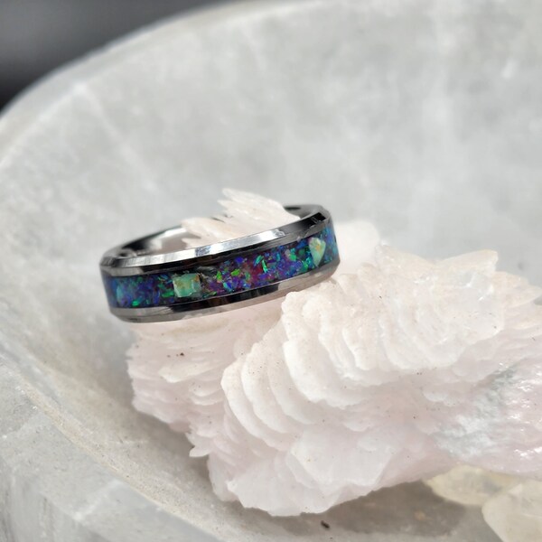 Tungsten Carbide Memorial Ring with amethyst opal and ashes