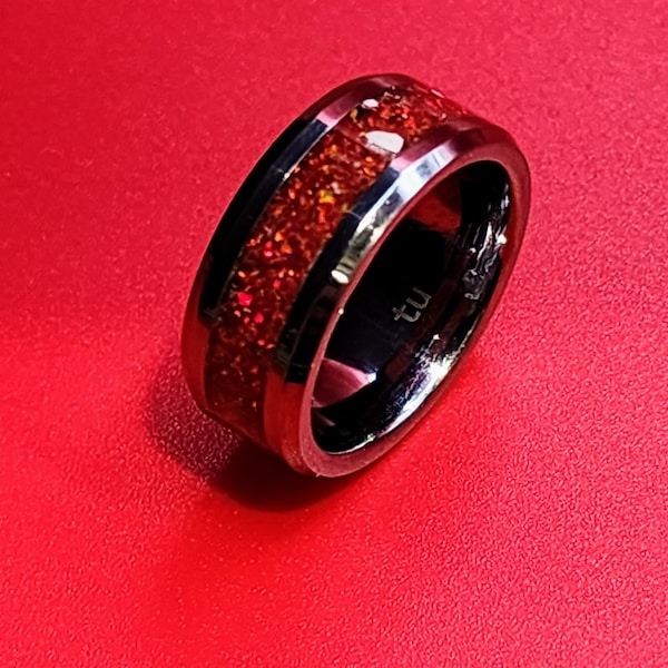 Tungsten Carbide Memorial Ring with Flaming opal and ashes