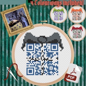 May include: A cross stitch pattern featuring a QR code with a bow tie. The pattern is in a circular hoop and includes the text "Making Christmas - QR Code Cross Stitch Pattern by GrandmabeWilain".