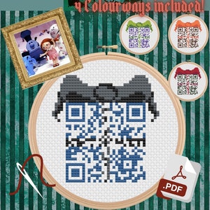 May include: A cross stitch pattern featuring a QR code with a gift box design. The pattern is available in four colorways and includes a PDF download. The text "Grandma Be Wildin" and "Island of Misfit Toys/The Most Wonderful Time of the Year" are also included in the image.
