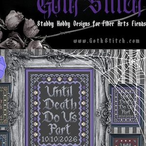 Puede incluir: Un patrón de punto de cruz con el texto "Until Death Do Us Part" y la fecha "10/10/2026". El patrón está en un esquema de color blanco y negro con acentos morados. El patrón está rodeado por un marco negro con un diseño de calavera y huesos cruzados.