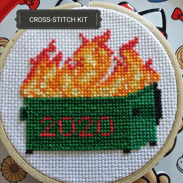 Dumpster Fire 2020 DiY Beginner Cross Stitch Kit - Complete DIY kit with everything you need to Do It Yourself