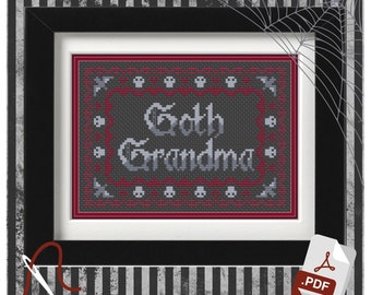 Goth Grandma - Gothic Cross Stitch Skull Bats Hearts pattern chart PDF Black Aida Design GothStitch Elder Goth Stitch Witch New Baby Gift