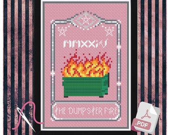 The Dumpster Fire Oracle Card Cross Stitch PDF,  Modern Tarot Stitch funny esoteric Goth Home Decor design gift for Pagan & Witchy Stitchers