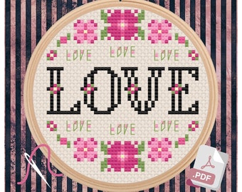 Four Letters: "LOVE" Beginner Cross Stitch Pattern chart PDF Mood Modern Pop Culture Cross Stitch DIY Decor Anniversary Romantic Love Gift