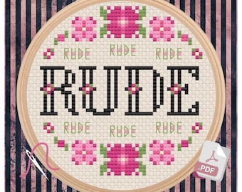 Four Letters: "RUDE" Beginner Cross Stitch Pattern chart PDF Big Mood Snarky Modern Pop Culture Cross Stitch DIY Decor Housewarming Gift