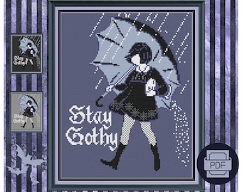 Salty Goth Girl says "Stay Gothy" Salty Cross Stitch Pattern chart PDF Modern Pop Culture Cross Stitch Design for Goth Stitch Witch Kitchen