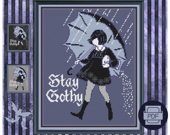 Salty Goth Girl says "Stay Gothy" Salty Cross Stitch Pattern chart PDF Modern Pop Culture Cross Stitch Design for Goth Stitch Witch Kitchen