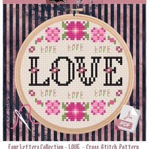 Four Letters: LOVE Beginner Cross Stitch Pattern chart PDF Mood Modern Pop Culture Cross Stitch DIY Decor Anniversary Romantic Love Gift image 1