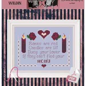 Rosas são vermelhas, velas são acesas, deixe seu amor se ele não encontrar seu coração, gráfico de ponto cruz em PDF, presente de aniversário romântico e amoroso