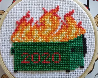 Dumpster Fire 2020 STAY At HOME cross stitch chart pattern PDF Subversive Stitch, Dark Humor Needlepoint, Meme Art, Trash Fire, Garbage Fire