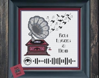 Bela Lugosi is Dead - Gramophone Gothic Cross Stitch Bats Record Player PDF Cross stitch Spotify code to dance, Stitch along & sing along!