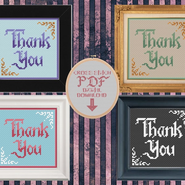 THANK YOU Gothic Cross Stitch Pattern chart PDF Modern Goth Pop Culture Emo Alternative Witchy Cross Stitch Design Card to Gift in Gratitude