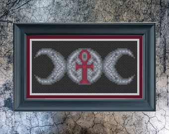 Triple Moon ANKH Trad Gothic Cross Stitch pattern chart PDF Black Aida GothStitch Design Stitch Witch Pattern Keeper Friendly 3 Colours incl