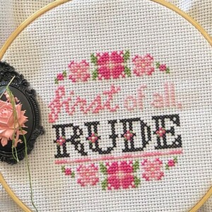 May include: A white embroidery hoop with a cross-stitch design that reads "Worst of all, RUDE" in black thread. The design is surrounded by pink and green flowers.