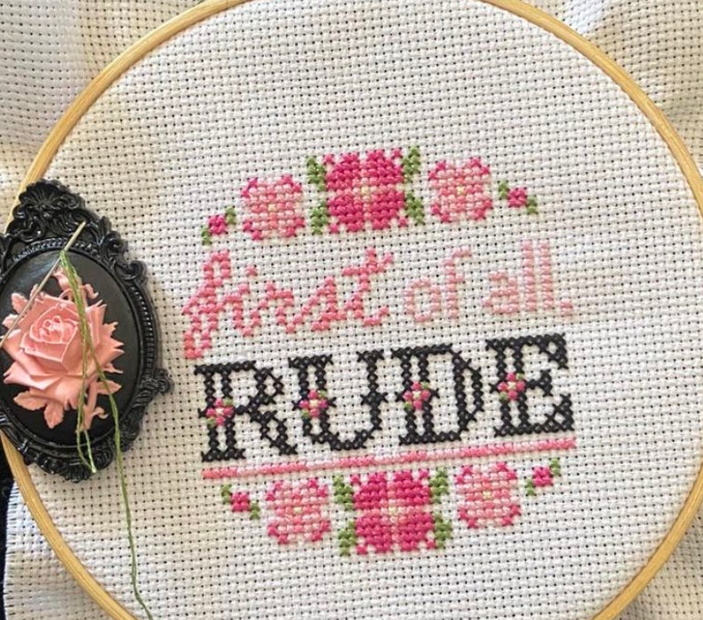 May include: A white embroidery hoop with a cross-stitch design that reads "Worst of all, RUDE" in black thread. The design is surrounded by pink and green flowers.