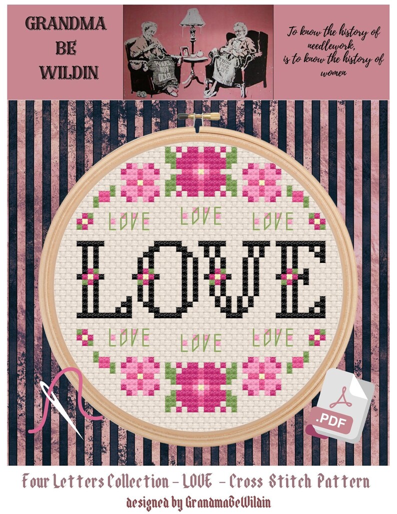 Four Letters: LOVE Beginner Cross Stitch Pattern chart PDF Mood Modern Pop Culture Cross Stitch DIY Decor Anniversary Romantic Love Gift image 1