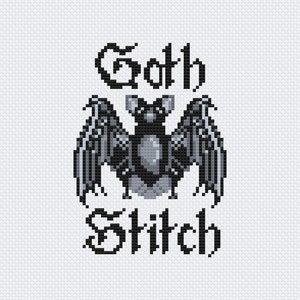 May include: Black and white cross stitch design featuring a bat with the text "Goth Stitch" in a gothic font.