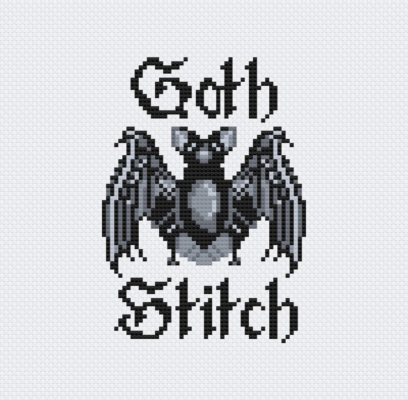 May include: Black and white cross stitch design featuring a bat with the text "Goth Stitch" in a gothic font.
