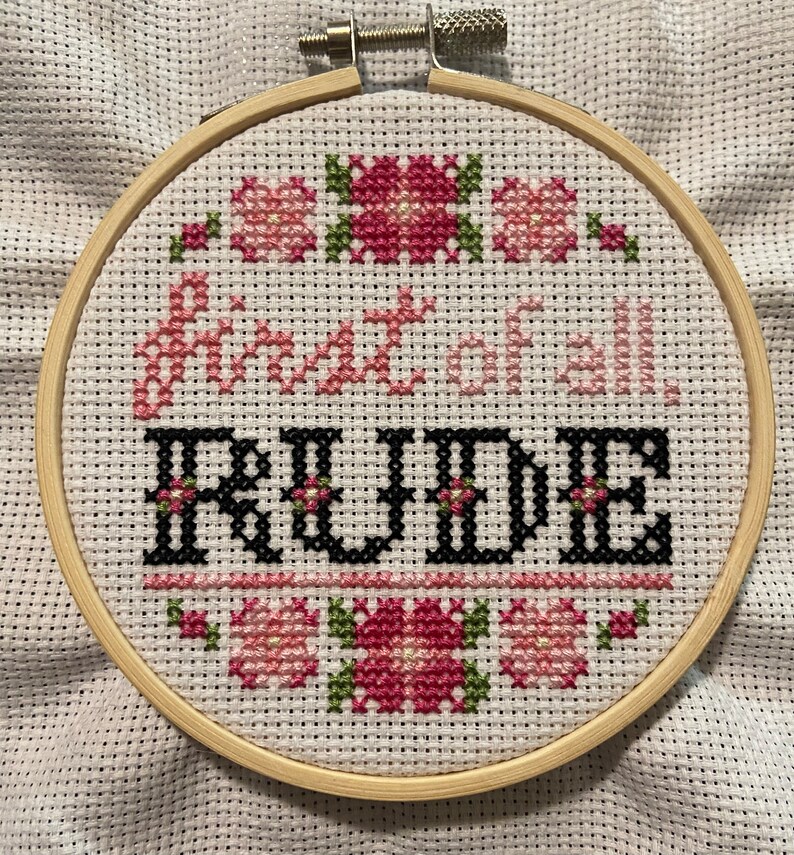 May include: A white embroidery hoop with a pink and green floral design and the text "Don't be so" followed by the word "RUDE" in black.