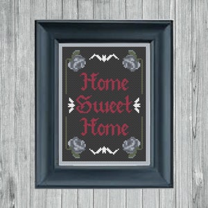 Gothic Home Sweet Home Roses & Bats Cross Stitch chart pattern PDF GothStitch, Stabby Hobby for Cottage Core Goth, Vampy Goth, Stitch Witch