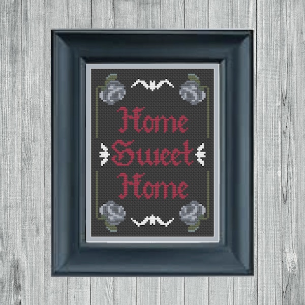 Gothic Home Sweet Home Cross Stitch Pattern, Roses and Bats (PDF)