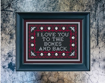 Love You to the Bones And Back - romantische gotische kruissteekpatroonkaart pdf zwart Aida GothStitch Design Stitch Witch Pattern Keeper Red