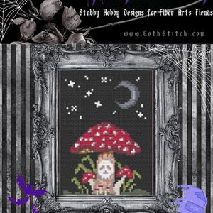 May include: Cross stitch pattern featuring a mushroom with a skull face, surrounded by smaller mushrooms and stars. The background is a dark blue with a crescent moon. The pattern is titled "Haunted Doomshrooms - Cross Stitch Pattern" and is by GrandmabeWilain for GothStitch.com.