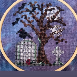 One BLACKBIRD with Bats, Spider Web, Moon, Graveyard, Haunted Tree Goth Cross Stitch pattern PDF 4&quot; Goth Stitch, Beginner Gothic Crossstitch