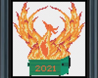 Dumpster Fire Phoenix 2021 Cross Stitch Chart Pattern PDF RISE UP and Subversive Stitch, Meme Art, X Stitch, Goth, Pop Culture DiY, Grandma