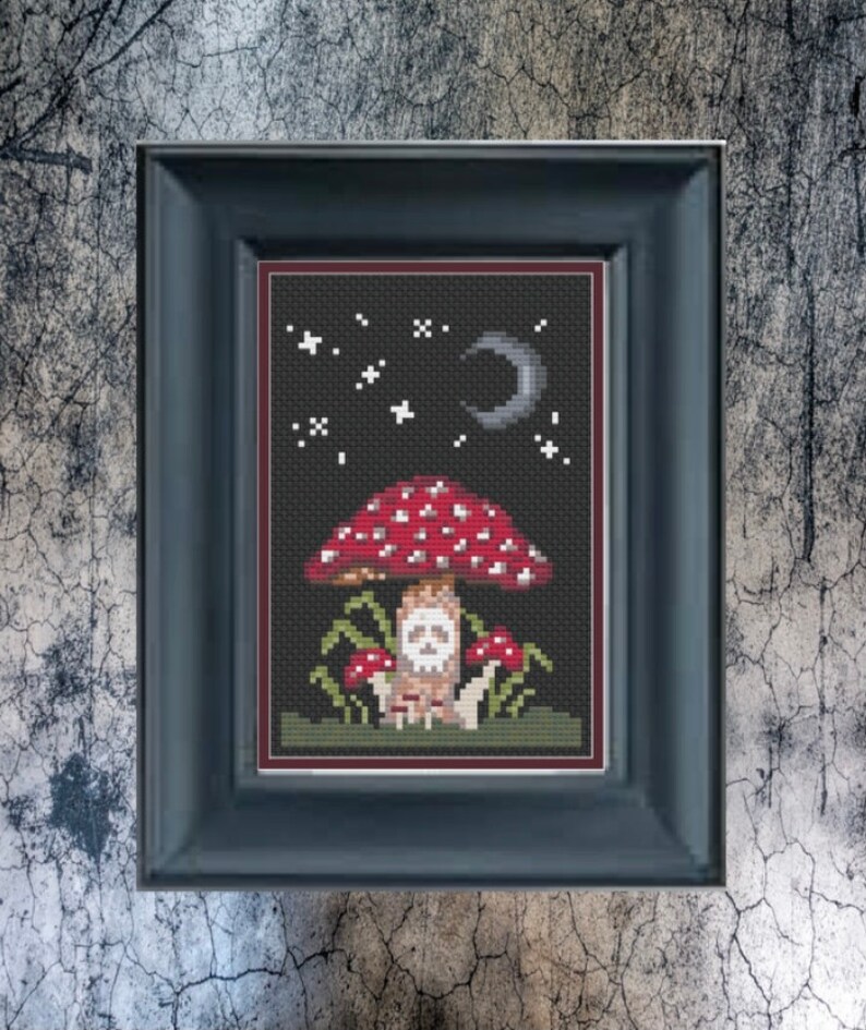 May include: A framed cross-stitch design featuring a red and white mushroom with a skull inside. The mushroom is surrounded by smaller mushrooms and green foliage. The background is a dark blue with white stars and a crescent moon.