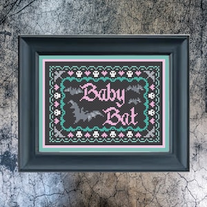 BABY BAT - Pastel Goth Gothic Cross Stitch Skull Bats Hearts pattern chart PDF Black Aida GothStitch Stitch Witch Pattern Keeper Friendly!