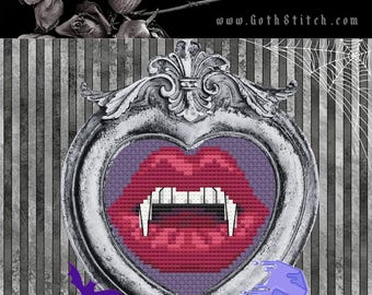 Boca con colmillos - Patrón de punto de cruz gótico moderno en PDF GothStitch Bruja Medieval Victoriano Vampiro Ocultismo Drácula Colmillos Dientes Espeluznante Halloween