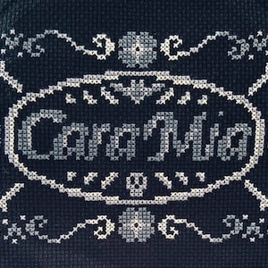 May include: A black and white cross-stitch design with the word "Cara Mia" in a white oval frame. The design is surrounded by a white floral border.
